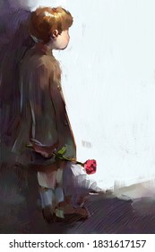 Digital Art Painting Of Boy Holding Flowers, Storytelling Illustration