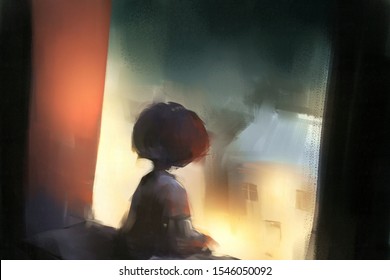 digital art painting girl sitting window   looking outside  acrylic canvas texture  storytelling illustration