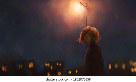 Digital Art Painting Of Girl Walking Alone At Night, Oil On Canvas Texture.