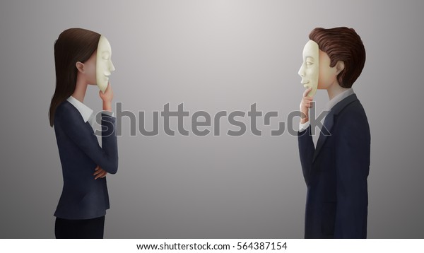 Digital\
art painting, illustration of business man and woman hide his or\
her real feeling or face behind mask, business concept in\
hypocrisy, fake, liar, conceal, or insincere.\

