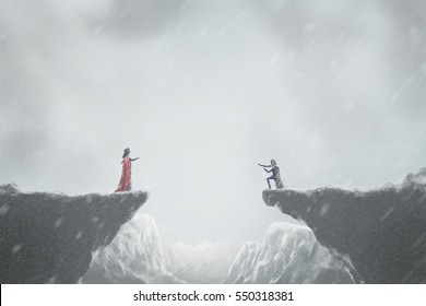 Digital art painting, illustration, in concept of forever love couple who try to reach and stay together but be frozen in snow storm in deep cold rock mountain. Valentine's day season background.