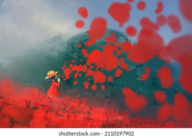 Digital Art Painting Of Little Girl In Red Flower Field.