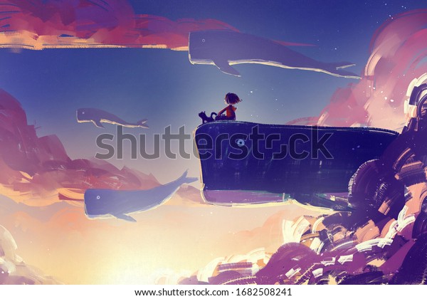 digital art painting\
of little girl on huge whale flying, acrylic on canvas texture,\
storytelling\
illustration
