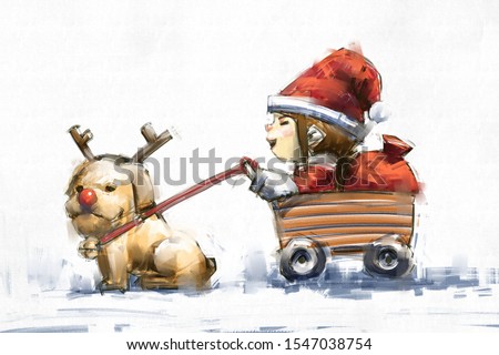 digital art painting of santa girl with dog in reindeer costume, acrylic on canvas texture, storytelling illustration