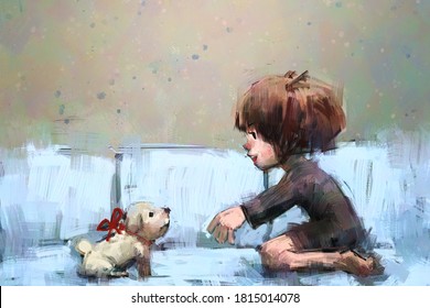 Digital Art Painting Set Of Girl And Gift, Acrylic On Canvas Texture, Storytelling Illustration