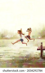 Digital Art Painting Set Of Kids Jumping Off The Dock Into A Lake.