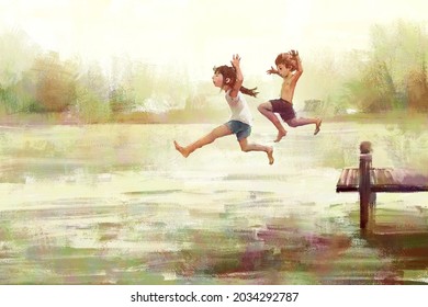 Digital Art Painting Set Of Kids Jumping Off The Dock Into A Lake.