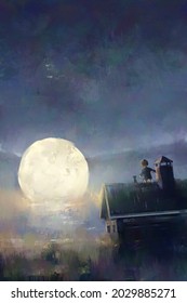 digital art painting set of little girl stands on top roof looking at the moon on meadow, blank space.
