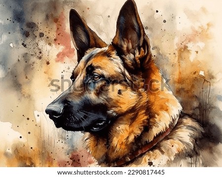 Digital art, in the style of a watercolor painting showing the portrait of a German Shepherd dog or Alsatian  