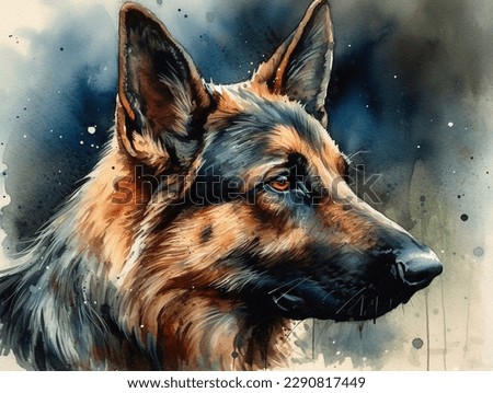 Digital art, in the style of a watercolor painting showing the portrait of a German Shepherd dog or Alsatian  