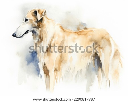 Digital art in the style of a watercolor painting of a beautiful russian borzoi dog, standing 