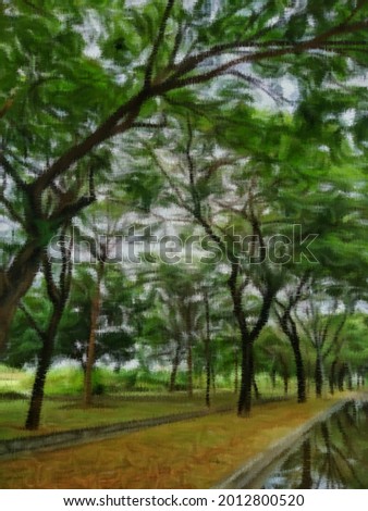Digital art of tree in the roadside with watercolor painting effect and grid