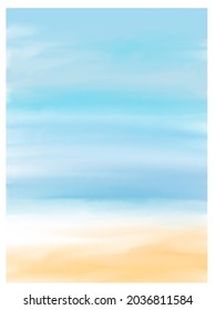 Digital Art. Watercolor Landscape With Sea, Sky And Beach. Pale Colours. 