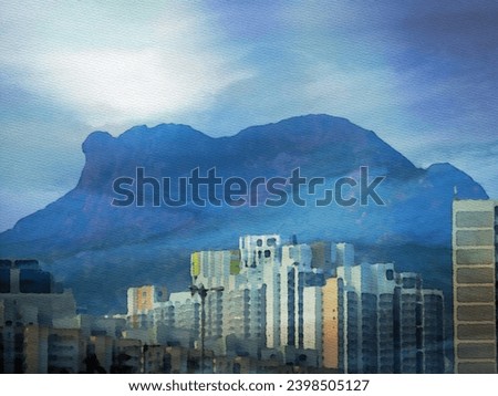 Digital art watercolor painting from photograph of Lion Rock Hill above buildings at daytime from Hong Kong.