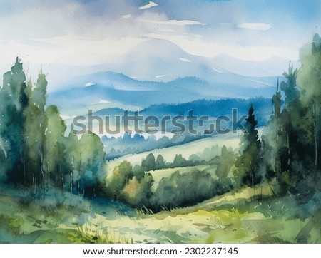 Digital Art, Watercolor painting of a scenic landscape, with mountains and hills and trees