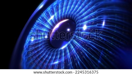 Digital artificial intelligence blue human eye formed by fiber optics. Futuristic technology concept 3d Illustration render.