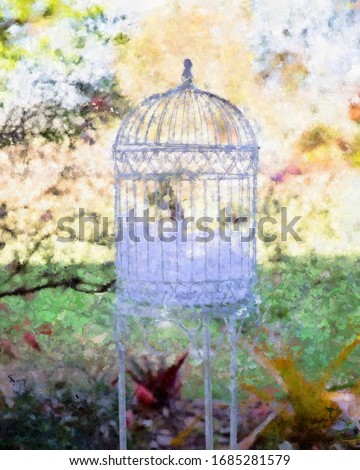 Digital artistry illustration - Abstract watercolor painting of a bird cage in a garden