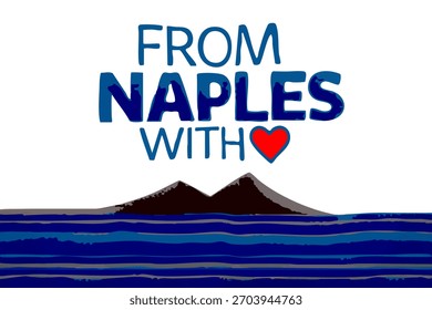 Digital artwork capturing the iconic Naples skyline featuring Mount Vesuvius over deep blue stylized sea waves perfect for travel and tourism marketing campaigns