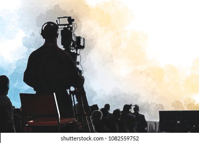 Digital Artwork Illustration Of A Television Press Conference Production Cameraman Silhouette