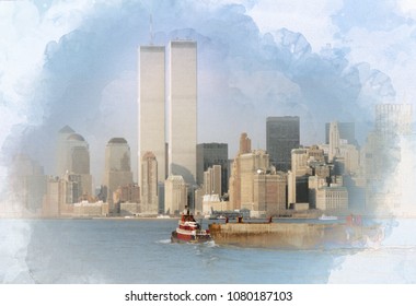Digital artwork illustration of the World Trade Center on February 1988 at New York, USA. The WTC twin towers were blasted by terrorists at 11 September, 2001