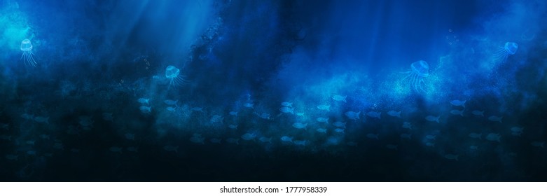 Digital Artwork underwater world panorama with fishes and jellyfish. 