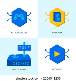 Digital Assets Icon Set In Flat Style. Virtual Property, NFT Card And Game Symbols.