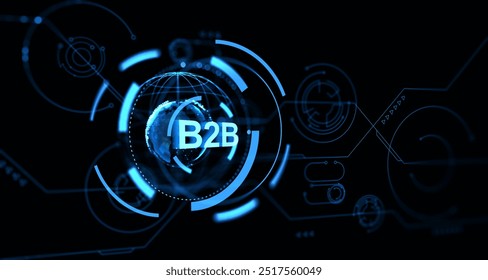 Digital B2B network interface with a futuristic, tech-inspired design on a dark background. Concept of business, technology, and future industry. 3D Rendering