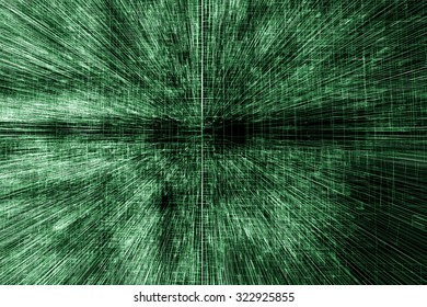 Digital background with abstract green 3d structure, glowing wire-frame lines with pixes effect over black background