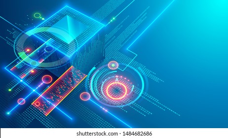 Digital Background. Cube Or Box Consists Matrix Of Digits. Block Chain Of Abstract Finance Data, Business Graphic. Blockchain Fintech Technology And Mining Cryptocurrency Conceptual Internet Banner.