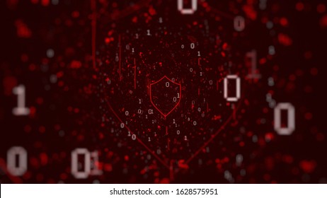 Digital Background: Cyber Security On Red Background With Shield Icon. Security Concept On A Cyber Background. Security Cyber Network On A Red Background.