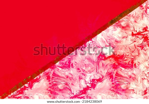 A\
digital background divided in half with bright red on one side and\
marbled fluid in translucent red on the other\
half.