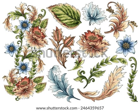 Digital Baroque Jacobean elements  motif design illustration artwork for textile print, digital clipart, decorated interior, wallpapers and gift card