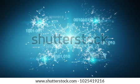 Digital binary code connection network on blue background 3D rendering