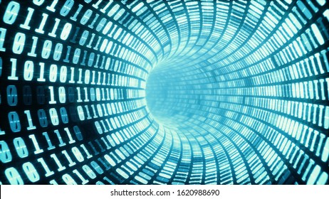 Digital Binary Code Tunnel, Glowing Neon Style, Binary Data Worm Hole Background, Blue Color