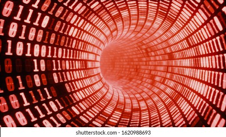 Digital Binary Code Tunnel, Glowing Neon Style, Binary Data Worm Hole Background, Red Color