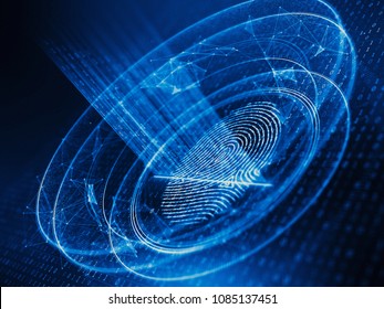 Digital biometric, security and identify by fingerprint concept. Scanning system of the fingerprint. 3d rendering