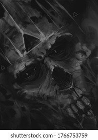 Digital black and white painting of zombie skeleton king with crown - digital fantasy painting