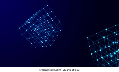 Digital blockchain concept. Data storage in separate cells. Abstract background with dots and connection lines. 3D rendering.