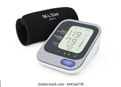 Digital Blood Pressure Monitor With Cuff On A White Background. 3d Rendering. 