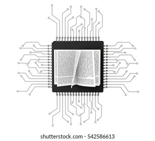 Digital Book Concept. Book Over Microchips With Circuit On A White Background