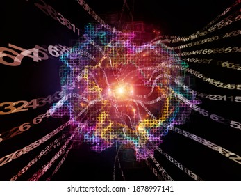 Digital Bottleneck. 3D Illustration Of Number Streams, Fractal Grids And Light On Subject Of Information Processing, Data Streams And Modern Technologies.