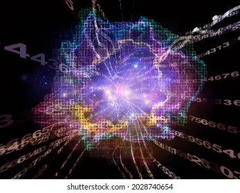 Digital Bottleneck. 3D Illustration Of Number Streams, Fractal Grids And Light On Subject Of Information Processing, Data Streams And Modern Technologies.