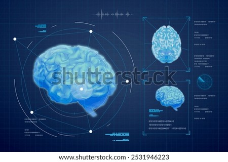Digital brain illustration with data overlay. Futuristic brain design with neural network. Brain graphics and data visualization. Medical graphics and data visualization on blue background.