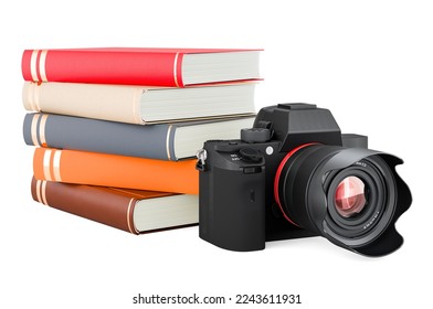 Digital camera with books, 3D rendering isolated on white background
