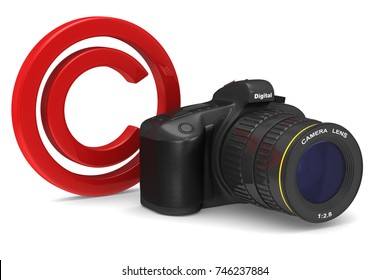 Digital Camera On White Background. Copyright Photo. Isolated 3D Illustration