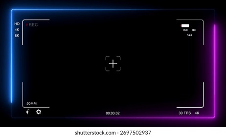 A digital camera viewfinder interface with a blue and pink neon border, recording indicators, resolution options, ISO, FPS, and a timer.