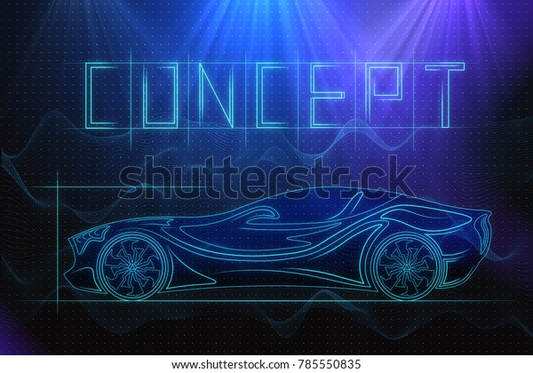 Digital car sketch on blue background.\
Mechanics and race concept. 3D Rendering\
