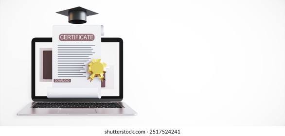 Digital certificate with a golden seal and graduation cap displayed on a laptop screen, on a white background. Concept of online education. 3D Rendering - Powered by Shutterstock