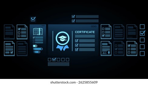 Digital certificate interface with checklist, documents, and graduation cap icon in glowing neon style on dark background. Concept of online certification. 3D Rendering
