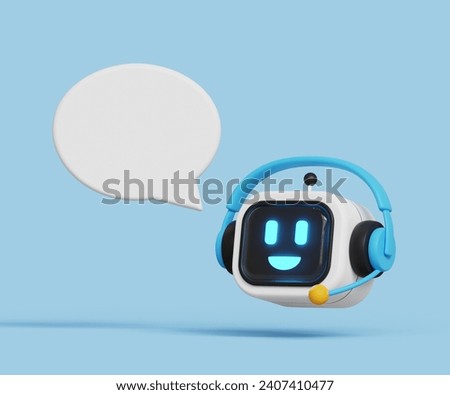 Digital chat bot. 3D robot assistant for customer support. Online agent, virtual or AI conversation. 3D robot head with speech bubble. 3d illustration